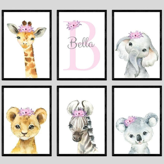 Personalized Safari Animals for Baby Girls Nursery, Set of 6 Unframed Poster Prints, Personalized Name Pink Lilac Floral, Girls Bedroom Decor, Elephant Giraffe (12x16)