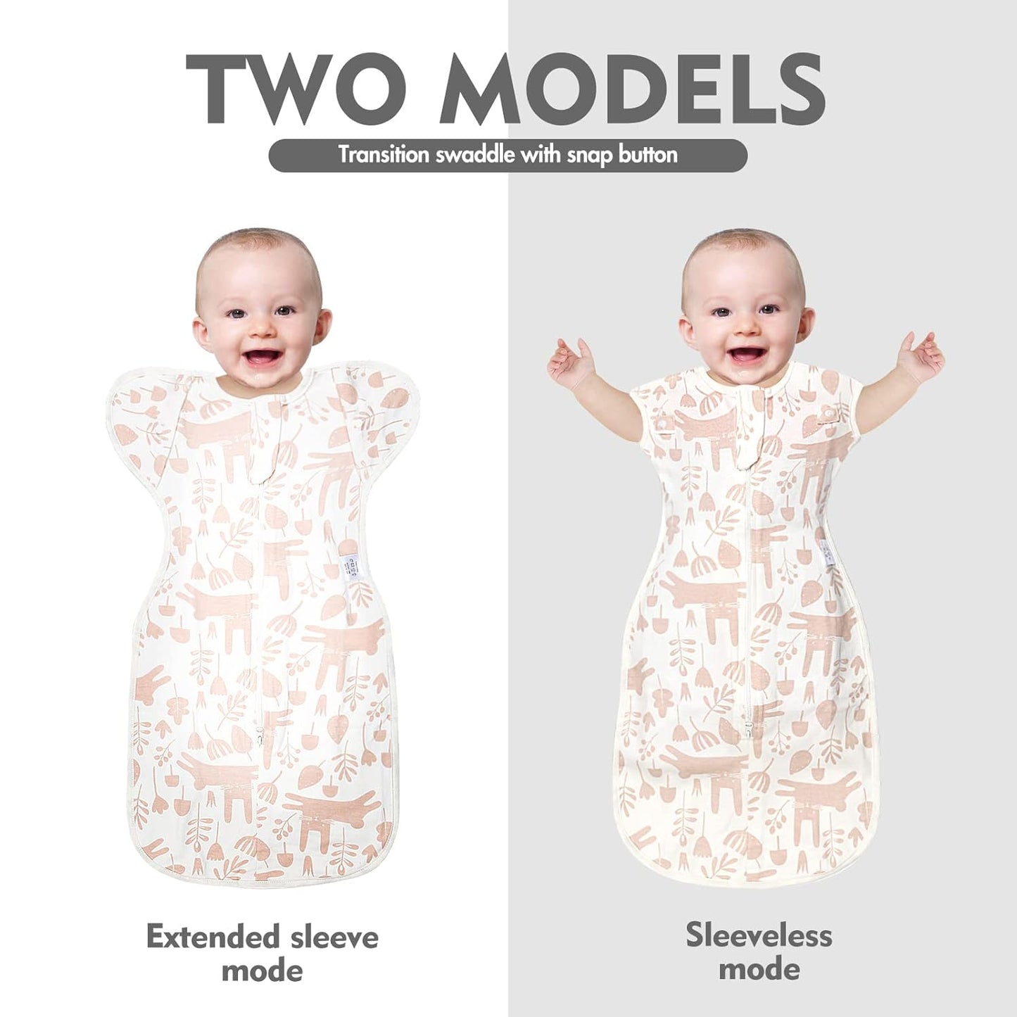 Baby Transitional Swaddle Sleep Sack - Newborn Swaddle Transition Bag with Removable Cuffs Arms Up Design, Free Wearable Blankets, Pink & Rabbit (3-6 Month)