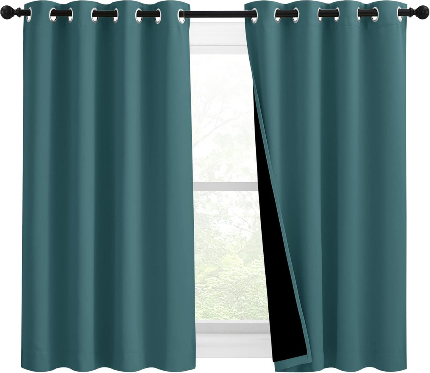 NICETOWN 100% Blackout Curtains with Black Liners, Thermal Insulated 2-Layer Lined Drapes, Room Warming Small Window Draperies for Dining Room (Sea Teal, 2 Panels, 46 inches W by 54 inches L)