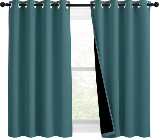 NICETOWN 100% Blackout Curtains with Black Liners, Thermal Insulated 2-Layer Lined Drapes, Room Warming Small Window Draperies for Dining Room (Sea Teal, 2 Panels, 46 inches W by 54 inches L)