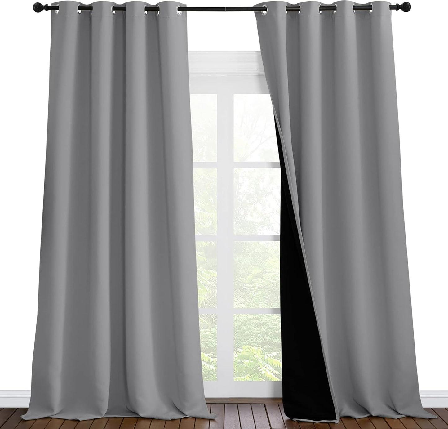 NICETOWN 100% Blackout Blinds, Laundry Room Decor Window Treatment Curtains for Large Patio Sliding Door, Thermal Insulated Silver Grey Curtains for Bedroom, Set of 2, 55 inches x 102 inches