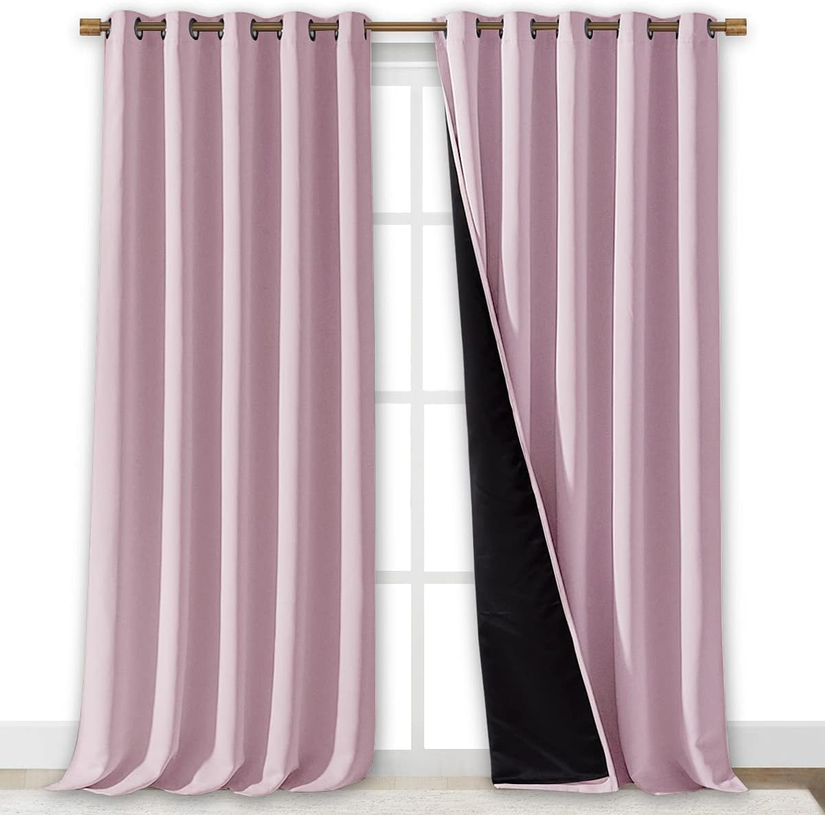 NICETOWN Full Shading Curtains for Windows, Baby Pink, Pack of 2, 62 inches W x 95 inches L, Super Heavy-Duty Black Lined Blackout Curtains for Bedroom, Privacy Assured Window Treatment