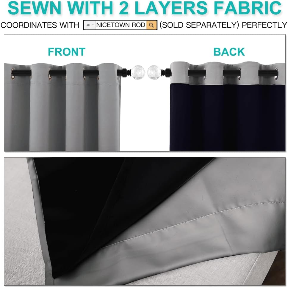 NICETOWN Total Shade Curtains and Draperies, Heavy-Duty Full Light Shading Drapes with Black Liner Backing for Villa/Hall/Dorm Window（Silver Grey, Package of 2 Panels, 62 inches Wide x 95 inches Long