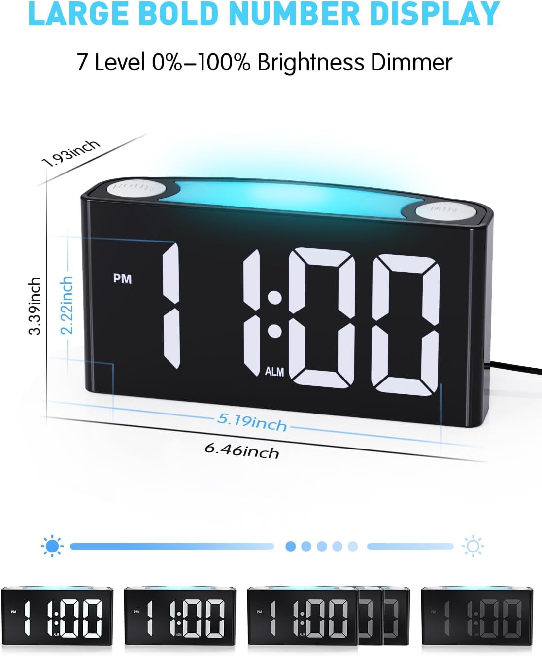 PPLEE RGB Digital Clock-Alarm Clocks for Bedrooms,Large Bold Number 7 Dimmers,Battery Backup Loud Alarm Clock,8 Modes Night Light,Dual Charger USB&Type-C,Bedside Desk Clock for Kid Adult Heavy Sleeper