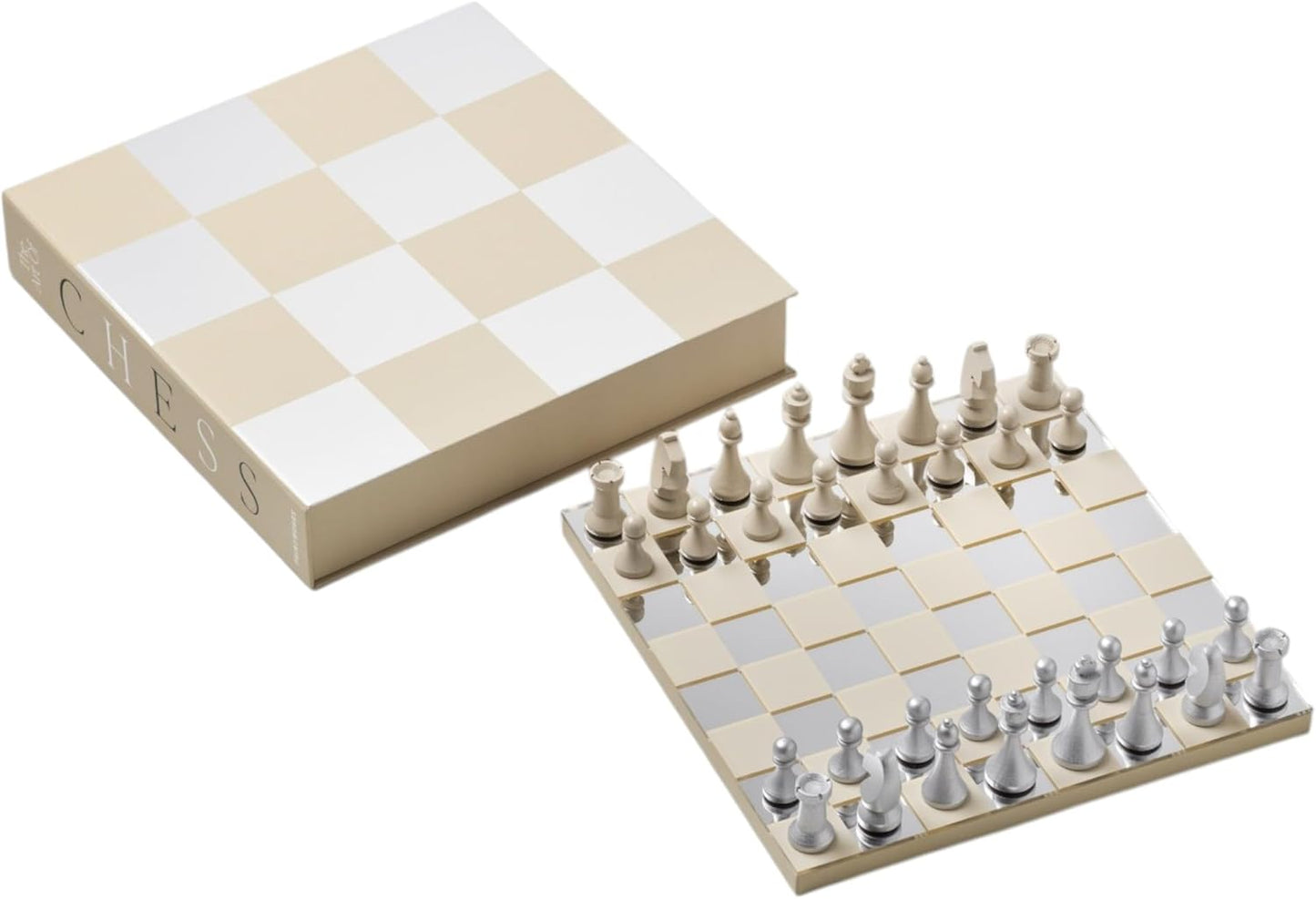 Classic – Art of Chess, Mirror – Beige & Silver Wooden Chess Set with Mirrored Acrylic Board – Stylish Coffee Table Game for Adults & Kids Ages 5+ – Multilingual Instructions Included