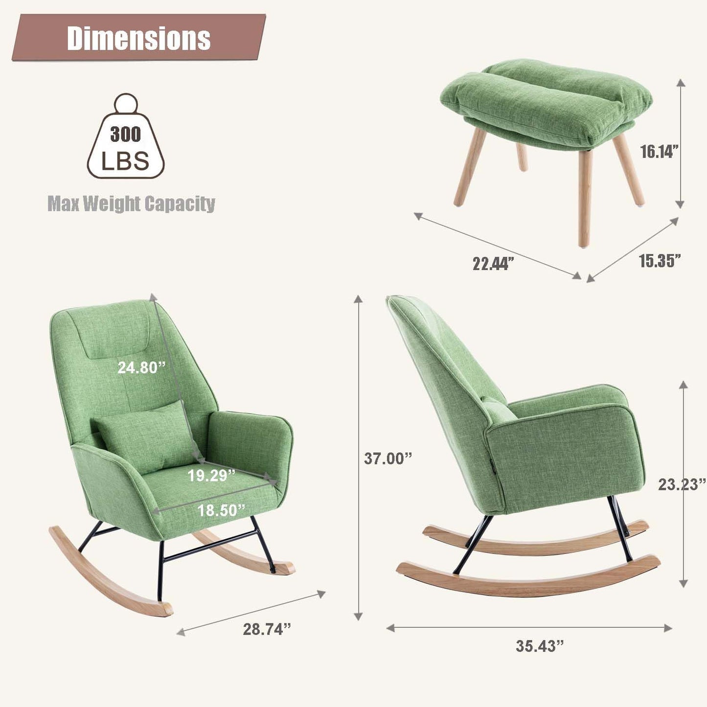 Rocking Chair with Ottoman and Pillow, Glider Rocker Chair, Accent Arm Chair Lounger for Living Room/Bedroom/Nursery, High Back, Solid Hardwood Base, Green