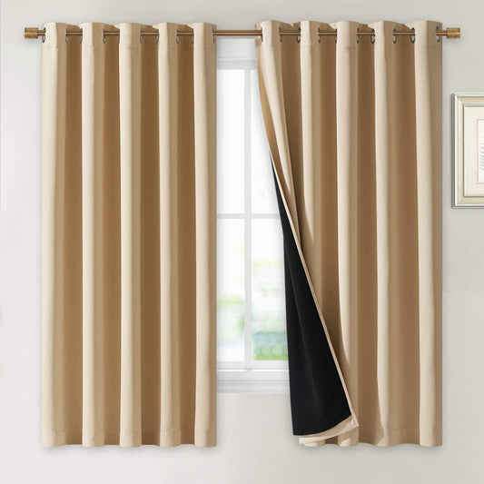 NICETOWN Bedroom Full Blackout Curtain Panels, Super Thick Insulated Window Covers, Complete Blackout Draperies with Black Liner for Short Window(Biscotti Beige, Set of 2 PCs, 70 by 63-inch)