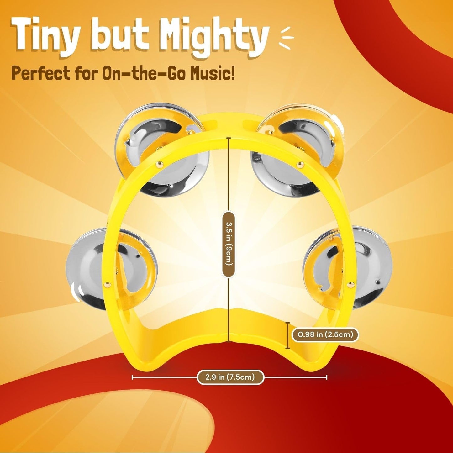 Flexzion Tambourine Hand Bell Percussion Musical Instruments Set of 2 Pack (Red /Yellow), Plastic Music Instrument Half Moon Mini D Handheld Shaker with 4 Pairs Jingle Bells