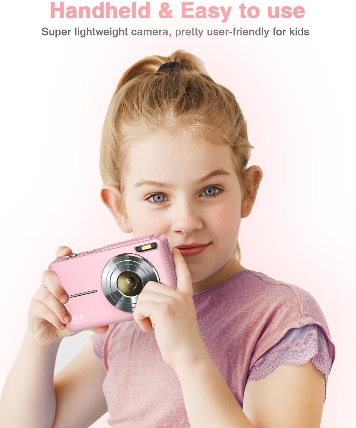 Digital Camera, FHD 1080P Point and Shoot Kids Camera, with 32GB Card, 2 Batteries, 16X Zoom Anti Shake Date Stamp, Compact Portable Small, for Starter Kid Children Teen Student Girl Boy(Pink)