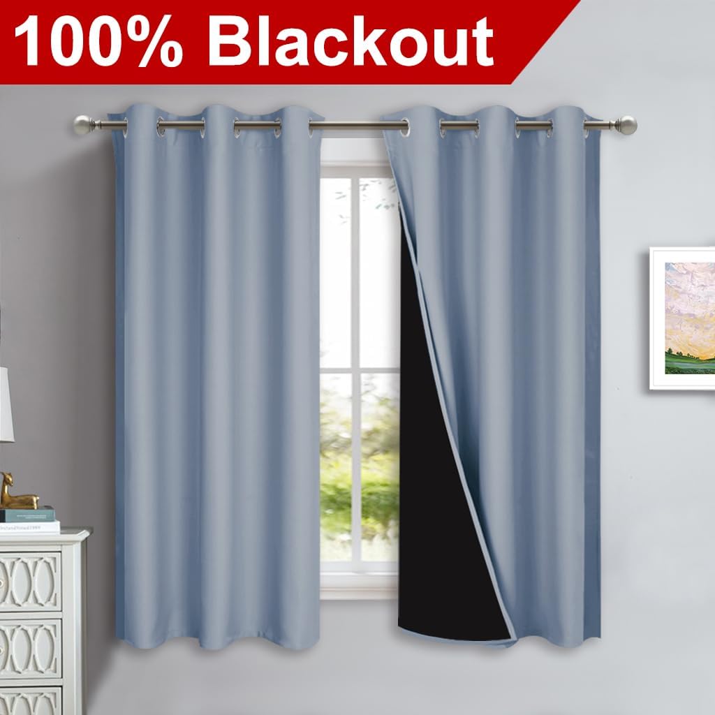 NICETOWN 100% Blackout Short Curtains with Black Liners, 2 Panels, 37" W by 63" L, Vintage Blue, Solid Thermal Insulated Full Blackout 2-Layer Lined Drapes, Energy Efficiency Window Drapes for Bedroom