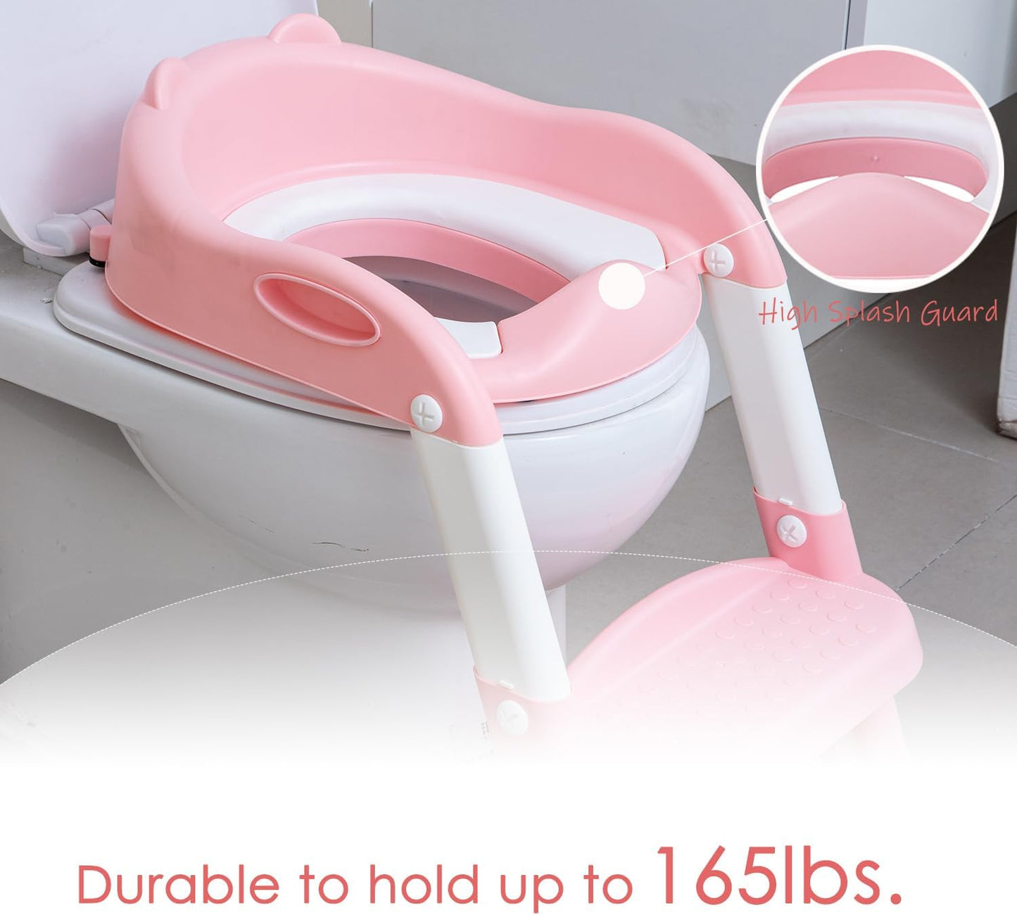 Potty Training Toilet Chair Seat with Step Stool Ladder for Kids and Toddler Boys Girls - Foldable Height Adjustable Children Toilet Training Seat with Safe Handles & Anti-Slip Pads, White-Pink