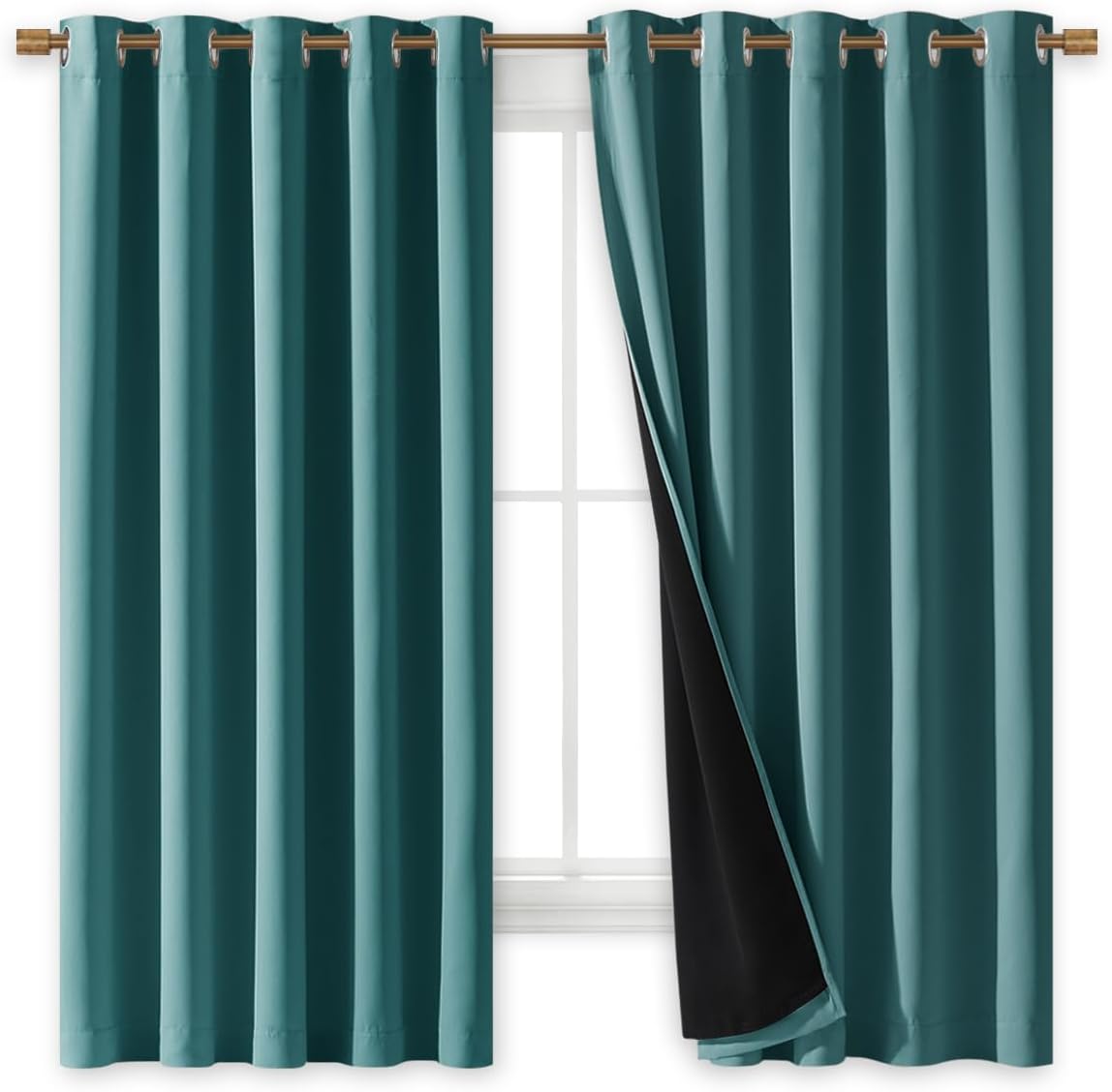 NICETOWN 100% Blackout Curtains with Black Liners, Sea Teal, 2 Panels, 62-inch W by 63-inch L, Thermal Insulated Full Blackout 2-Layer Lined Drapes, Energy Efficiency Window Draperies for Bedroom