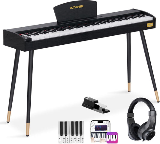 AODSK Beginner Digital Piano 88 Key Keyboard,Full-size Electric Piano for Beginners,with Sheet Music Stand,Pedal,Power Adapter,Headphone Mode,USB-MIDI,Piano Lessons,Black,-Comes with headphones