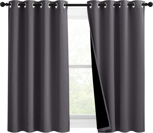 NICETOWN 100% Blackout Curtains with Black Liners, Solid Thermal Insulated Full Blackout 2-Layer Lined Drapes, Energy Efficiency Window Draperies for Bedroom (2 Panels, 46" W by 54" L, Grey)