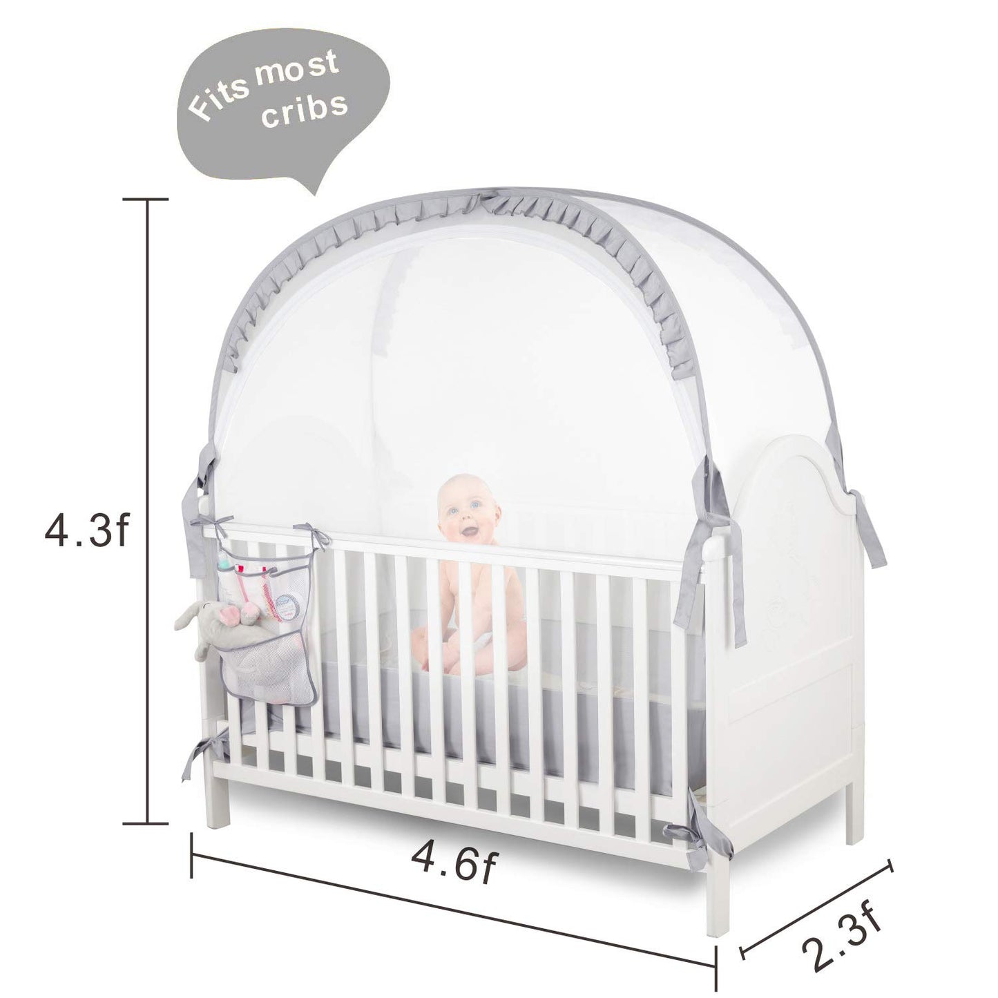Baby Safety Crib Tent Infant Pop up Mosquito Net Nursery Bed Canopy Netting Cover - Keep Baby from Climbing Out with Hanging Diaper Storage Bag (Gray)