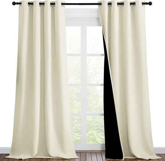 NICETOWN Thermal Insulated 100% Blackout Curtains, Noise Reducing Performance Drapes with Black Lining, Full Light Blocking Drapery Panels for Patio (Beige, 1 Pair, 46 inches x 90 inches)