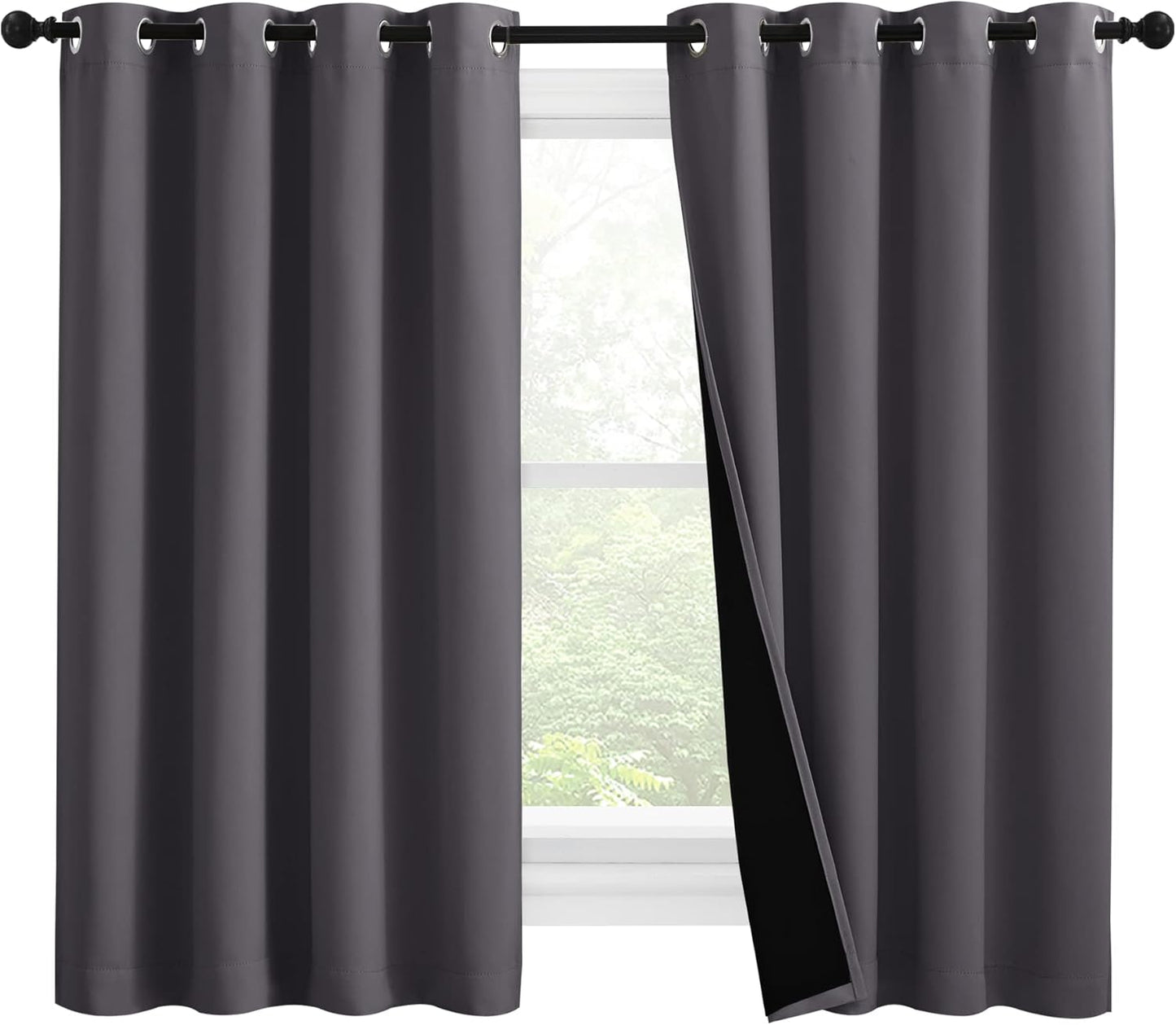 NICETOWN 100% Blackout Curtains with Black Liners, Thermal Insulated Full Blackout 2-Layer Lined Drapes, Noise Cancellation Window Draperies for Dining Room (Grey, 2 Panels, 55-inch W by 57-inch L)