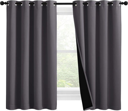 NICETOWN 100% Blackout Curtains with Black Liners, Thermal Insulated Full Blackout 2-Layer Lined Drapes, Noise Cancellation Window Draperies for Dining Room (Grey, 2 Panels, 55-inch W by 57-inch L)