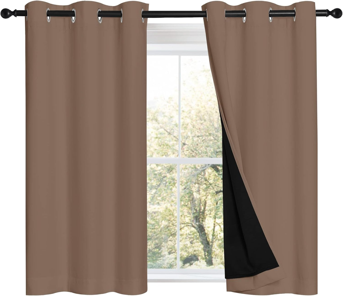 NICETOWN Cappuccino Bedroom Full Blackout Cold Blocking Short Curtain Panels, Super Thick Insulated Window Covers, 100% Blackout Blinds with Black Liner for Small Window(Set of 2, 42 by 45-inch)