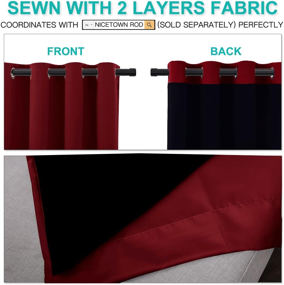 NICETOWN Living Room Completely Shaded Draperies, Privacy Protection & Noise Reducing Ring Top Drapes, Black Lined Insulated Decorative Curtain Panels(Burgundy Red, 2 Pieces, W52 x L72)