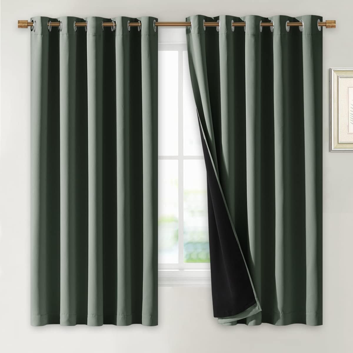 NICETOWN Dark Mallard 100% Blackout Lined Curtains, 2 Thick Layers Completely Blackout Window Treatment Thermal Insulated Drapes for Kitchen/Bedroom (1 Pair, 70" Width x 63" Length Each Panel)