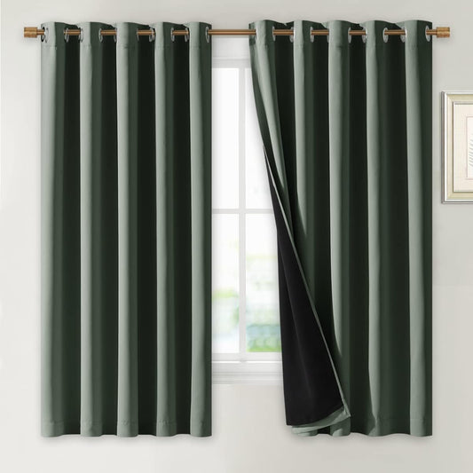 NICETOWN Dark Mallard 100% Blackout Lined Curtains, 2 Thick Layers Completely Blackout Window Treatment Thermal Insulated Drapes for Kitchen/Bedroom (1 Pair, 70" Width x 63" Length Each Panel)