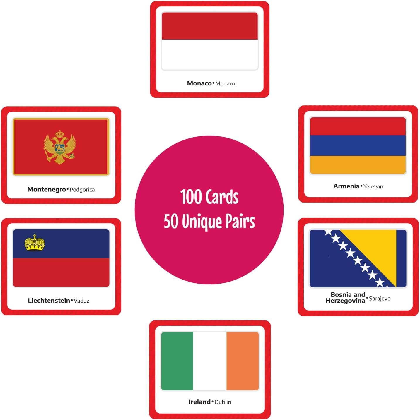 Menique Flags of Europe Memory Matching Game – 100 Cards (50 Pairs) with Flag, Country & Capital – Educational Geography Game for Kids and Adults