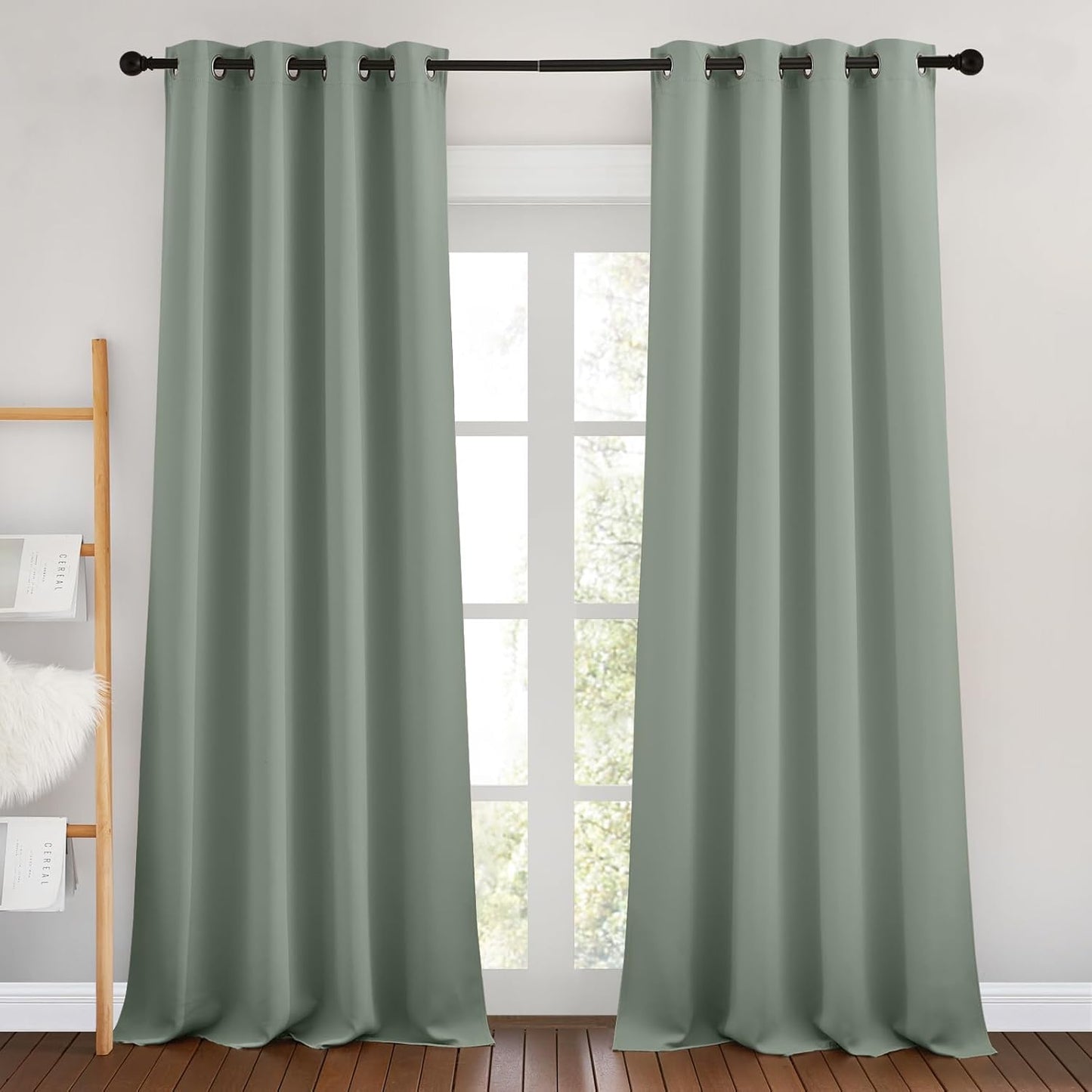 NICETOWN Blackout Living Room Curtains 90 inches Long - Energy Saving Thermal Insulated Sound Dampening Grommet Room Darkening Window Treatments for Bedroom (Sage Green, 2 Panels, W46 x L90)