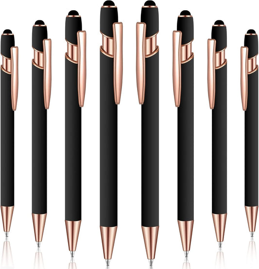 8 Pieces Ballpoint Pen with Stylus Tip Black Ink 2 in 1 Stylus Metal 1.0 mm Medium Point Smooth Pen Rainbow Colorful Rubberized Ballpoint for Touch Screen Tablet(Rose Gold, Black)