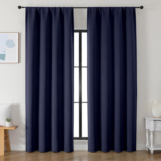 Simplebrand Ava Navy Blue Blackout Curtains for Bedroom 90 Inches Long 2 Panels Set, Solid Privacy Energy Saving Living Room Window Treatment Curtains Blackout Drapes, W50 x L90 Inch, Navy Blue