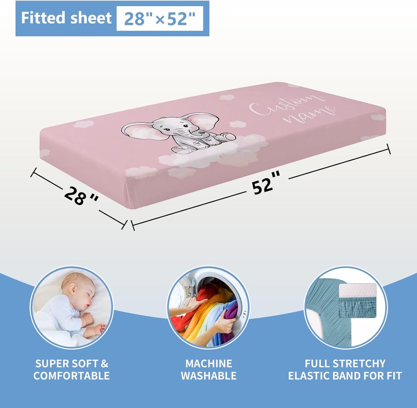 Personalized Nursery Bedding Set, 5 Pcs - Custom Baby Girl Elephant Bedding, Toddlers Bedding Set with Name, Double Layer, Customized Gift for Infant Kid