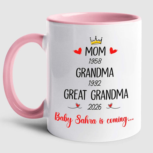 Mom Grandma Promoted To Great Grandma Coffee Mug Cup 11 15 Oz, Personalized New Great-Grandmother Ceramic Coffee Cup EST. 2026, Customized Choose Name White Accent Mug Gift For Pregnancy Announcement
