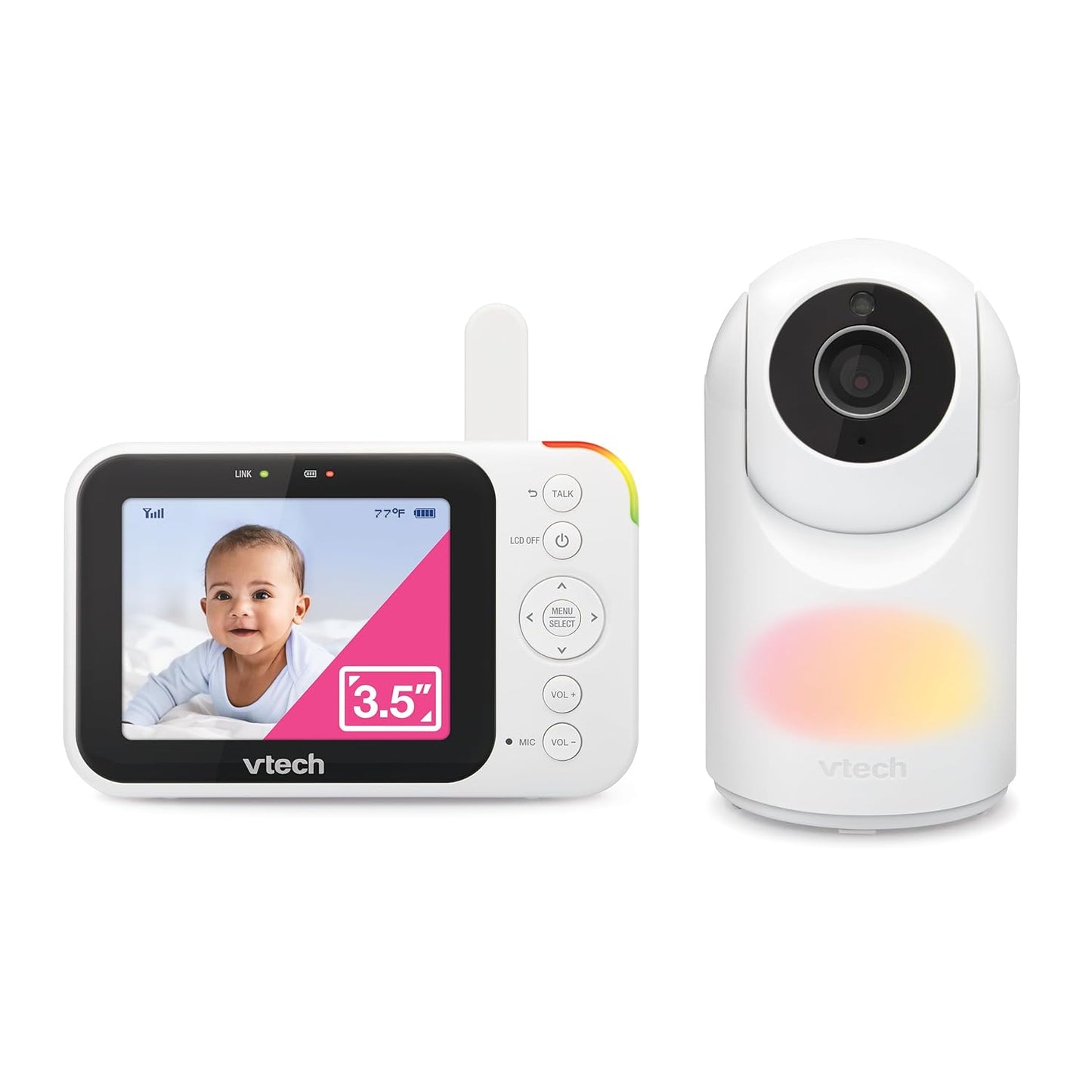 VTech Video Baby Monitor with Camera and Audio, 3.5" LCD Screen, Pan-Tilt-Zoom, 2-Way Talk, VOX Mode, Night Light, Lullabies, Soothing Sounds, Temperature Sensor, Long Range, No WiFi: VM4263 (White)