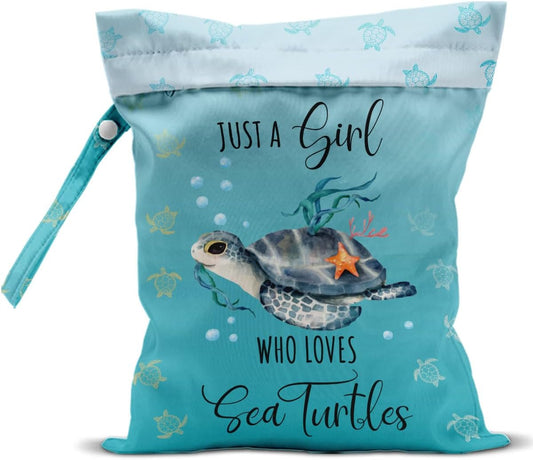 Waterproof Wet Bag for Swimsuit, Travel Beach Wet Dry Bag, Hidden Zipper Reusable Baby turtle Wet Bags, for Travel Beach Wet Swimsuits Toiletries Diapers Dirty Gym Clothes Laundry Bag