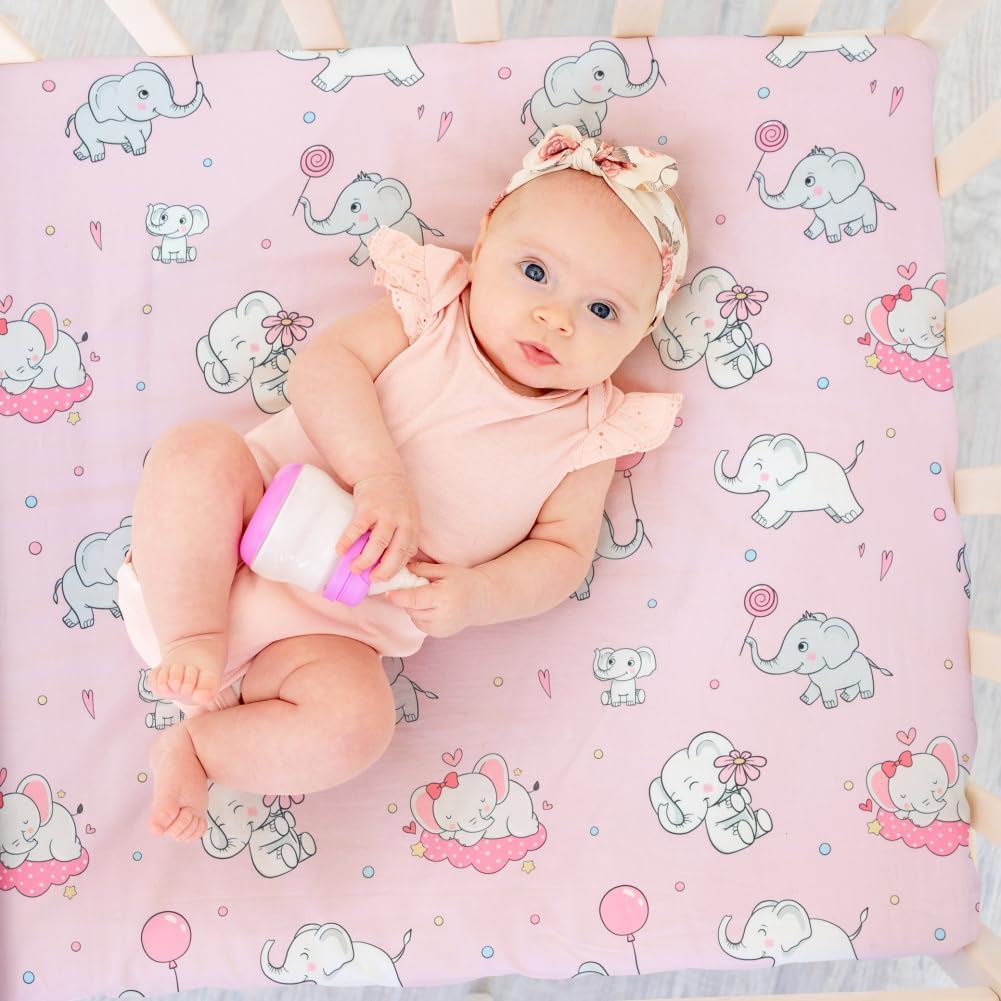 4 Pack Baby Girl Pack N Play Mini Crib Sheets Set Soft Fitted Elephant Theme Baby Girl Mattress Covers Breathable Toddler Bed Sheets for Infant or Newborn(Elephant, Pack N Play Mini Crib Sheets)