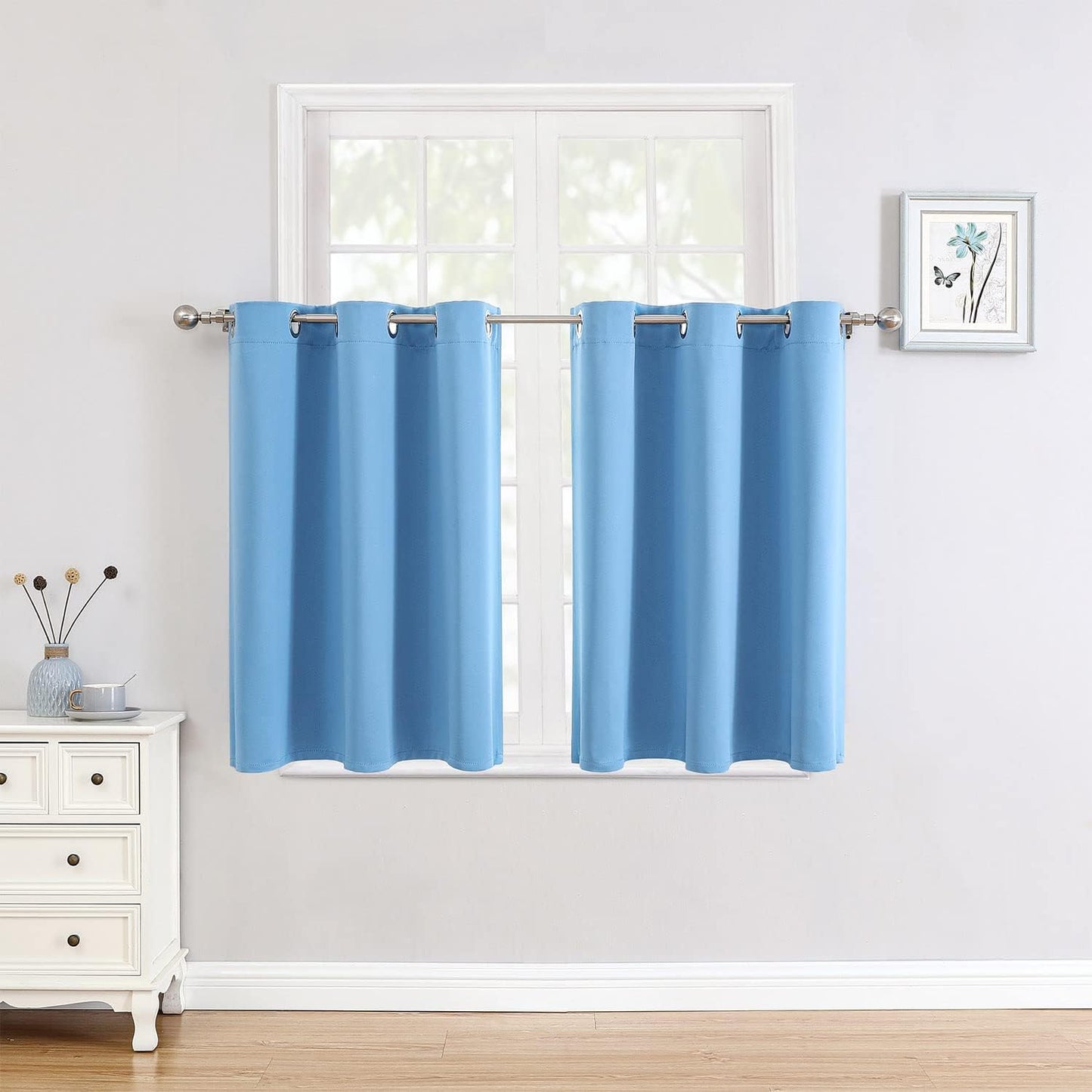 ChrisDowa Small Window Curtains for Kitchen and Bedroom - Grommet Short Thermal Insulated Room Darkening Curtains (2 Panels, Sky Blue, 52 x 36 Inch)