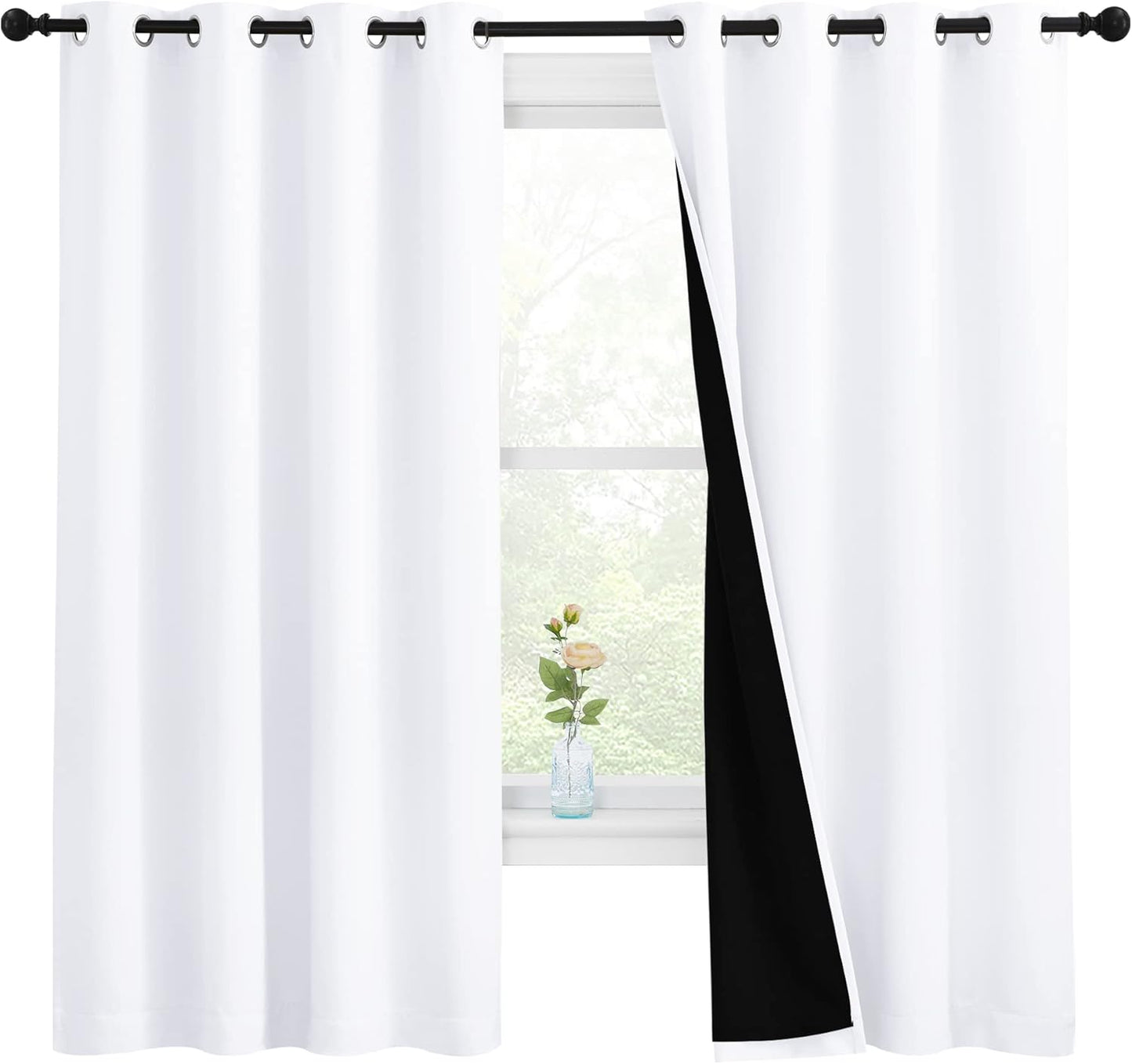 NICETOWN White 100% Blackout Lined Curtains, 2 Thick Layers Completely Blackout Window Treatment Thermal Insulated Drapes for Kitchen/Bedroom (1 Pair, 55 inches Width x 68 inches Length Each Panel)