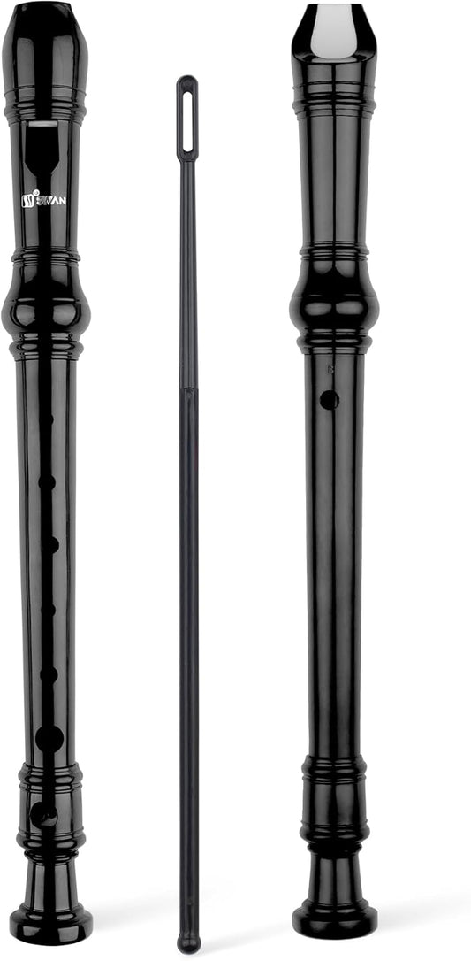 SWAN Soprano Recorder Instrument for Beginners Student - Baroque Style 8 Hole Flute Detachable 3pcs Descant Recorder with Cleaning Rod and Fingering Chart for Kids over 6 Years Old, Black