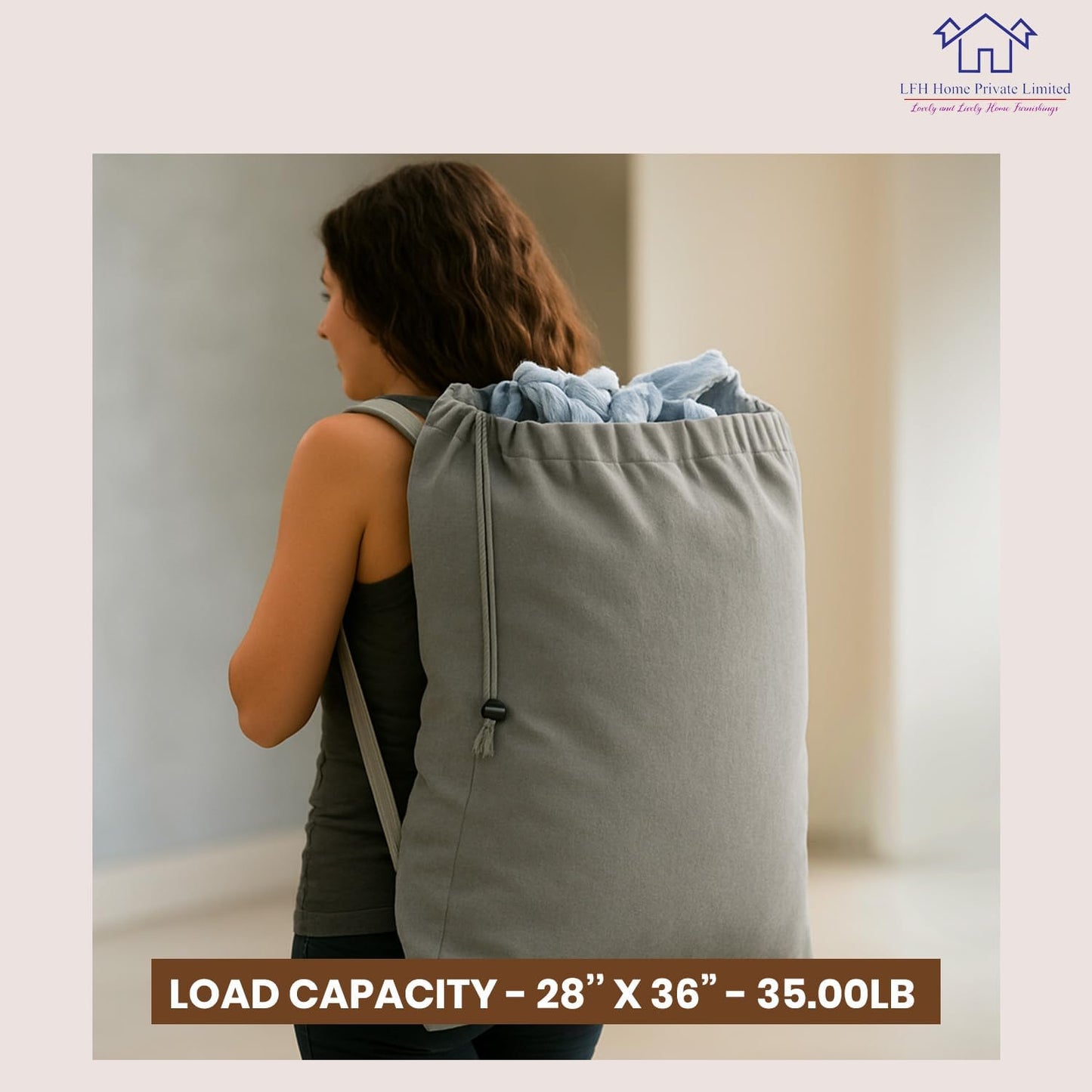 LFH Home Cotton Canvas Extra Large Laundry Bag with Handle, Heavy Duty Drawstring Closure Washable Laundry Bags, School Travel, Home, Hotel, College Dorm, Organizer Sack, Toys Clothes 28x36-Grey