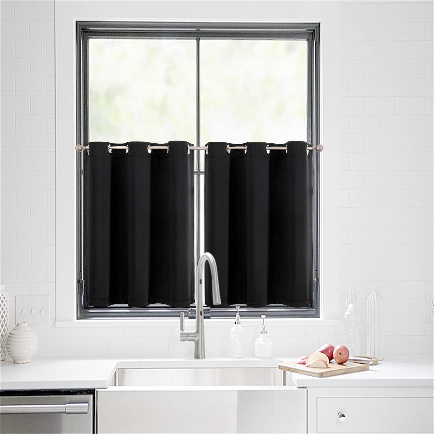 ChrisDowa Small Window Curtains for Kitchen and Bedroom - Grommet Short Thermal Insulated Room Darkening Curtains (2 Panels, Black, 52 x 36 Inch)