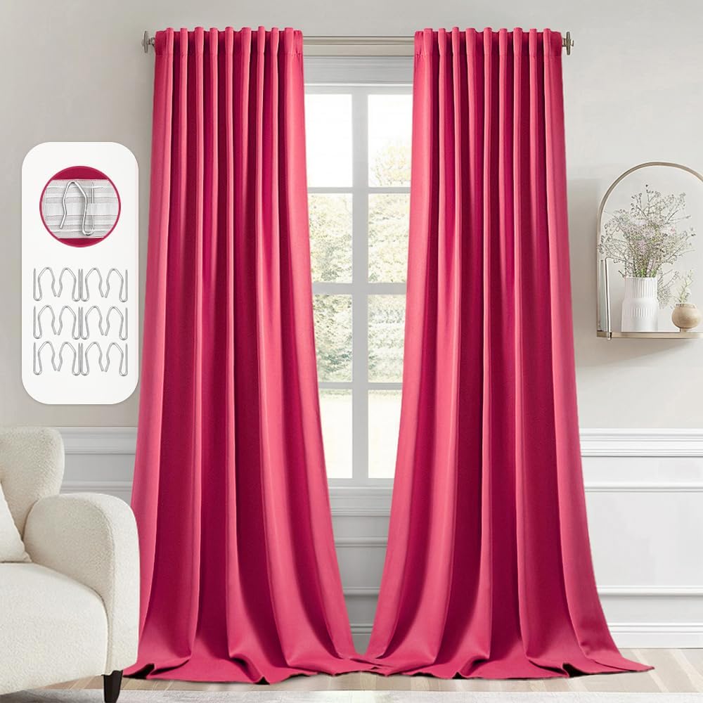 MIULEE Hot Pink Back Tab Blackout Curtains 120 Inch Long 2 Panels Set for Bedroom, Rod Pocket/Pinch Pleated Extra Long Thermal Insulated Living Room Darkening Light Blocking 10FT Drapes