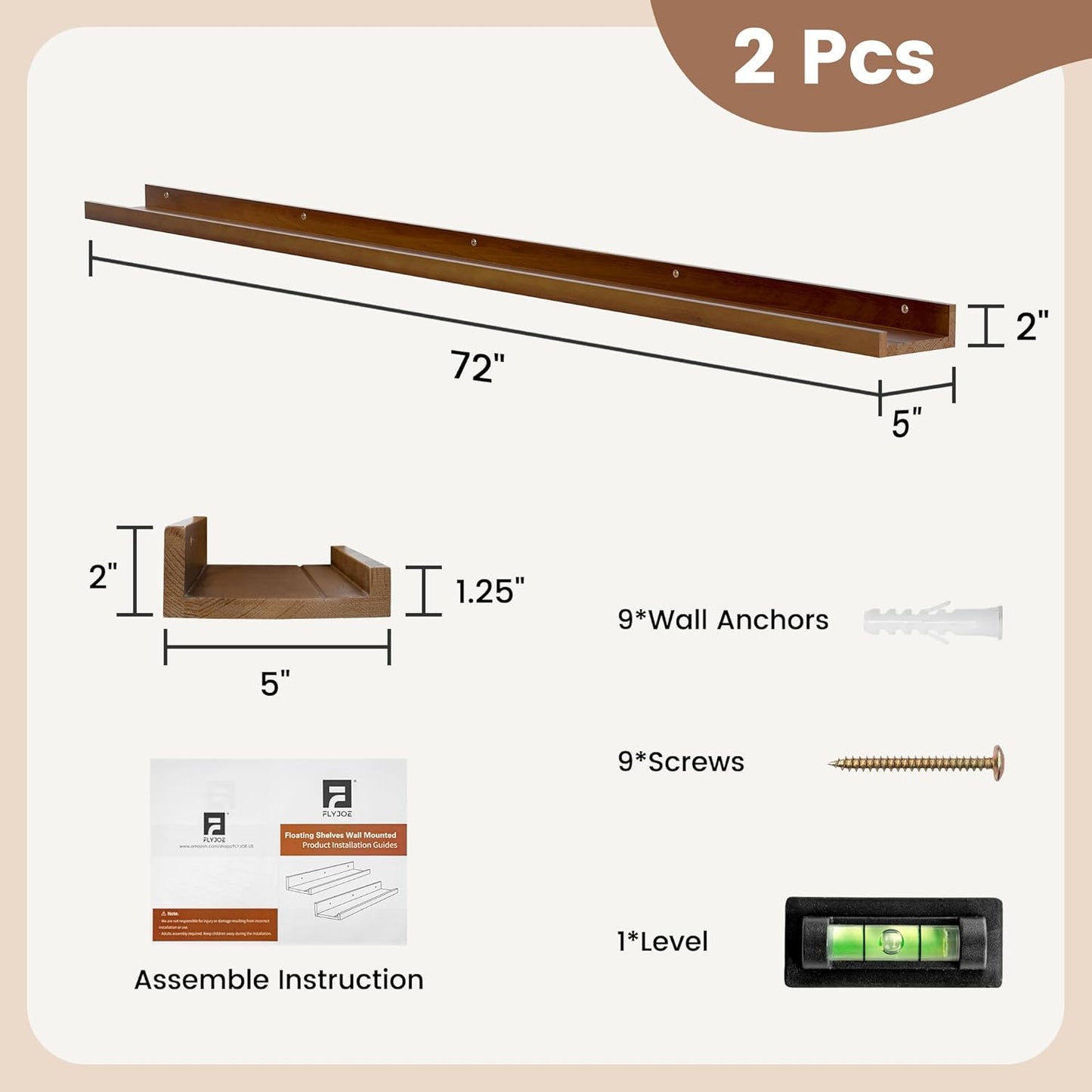 Picture Ledge Shelf, Floating Shelves Set of 2, Solid Pine Wood 72'' Long Large Nursery Book Shelves for Toys Storage, Kids Bookshelf for Living Room Bedroom Decor Books Photo Frames, Walnut