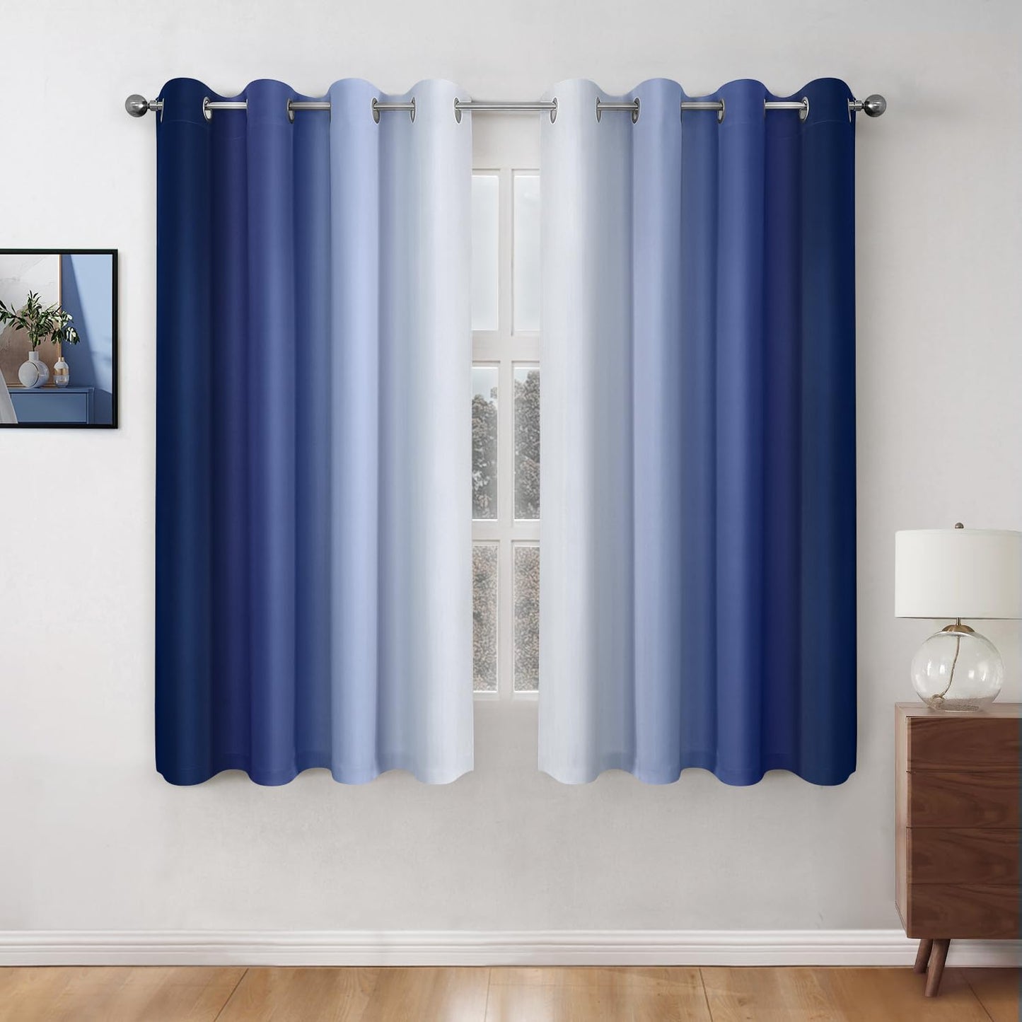 HOMEIDEAS Navy Blue Ombre Blackout Curtains, 52 X 63 Inch Length Gradient Color Room Darkening Curtains with Grommet Thermal Insulated Window Drapes for Living Room, Bedroom, 2 Panels