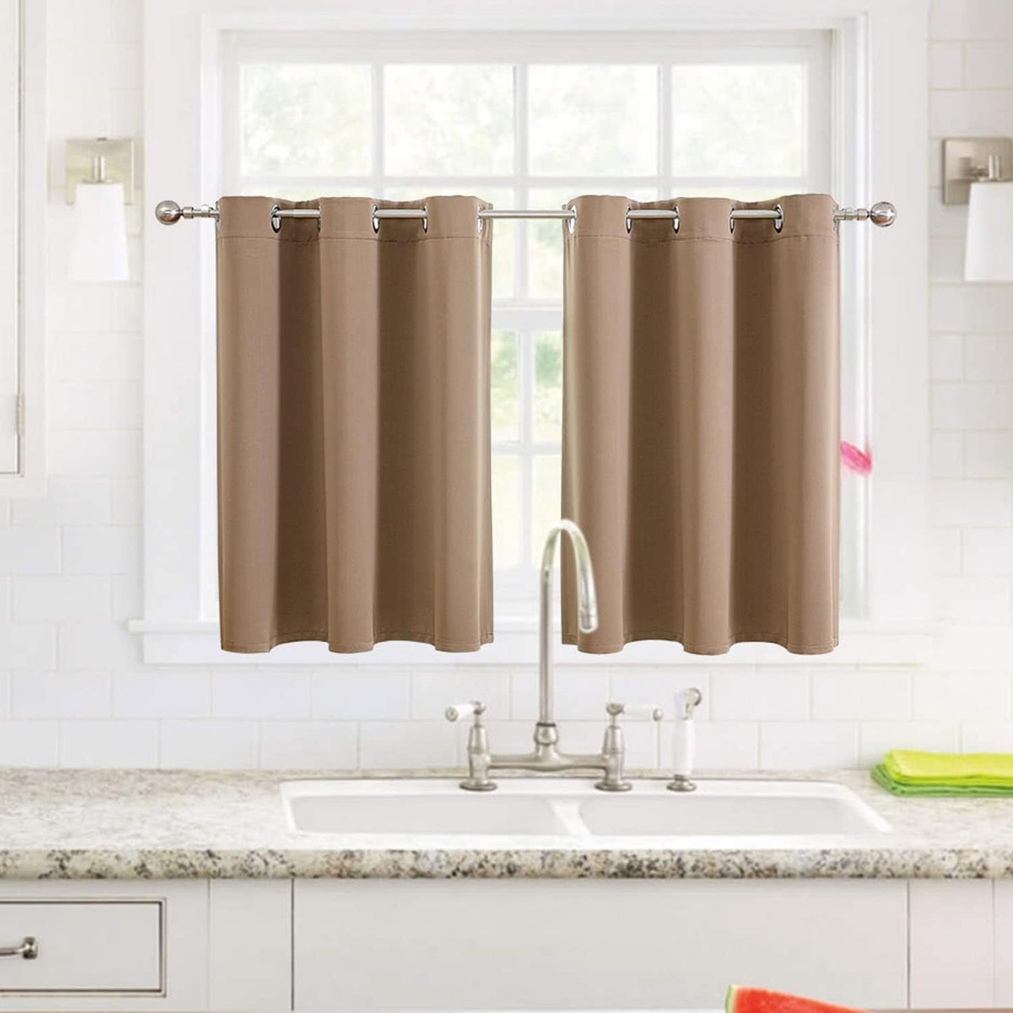 ChrisDowa Small Window Curtains for Kitchen and Bedroom - Grommet Short Thermal Insulated Room Darkening Curtains (2 Panels, Cappuccino, 42 x 36 Inch)