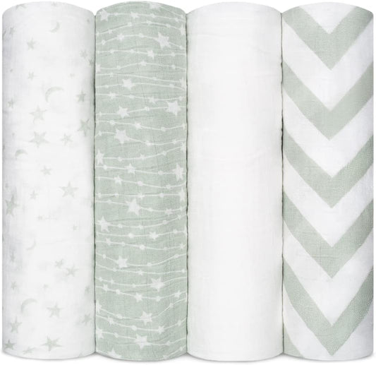 Comfy Cubs Muslin Swaddle Blankets Pack of 4, 47 x 47 Inches, Soft Cotton Baby Blanket Set, Large Multipurpose Swaddling Wraps for Newborns - Self-Soothing Swaddle - Green