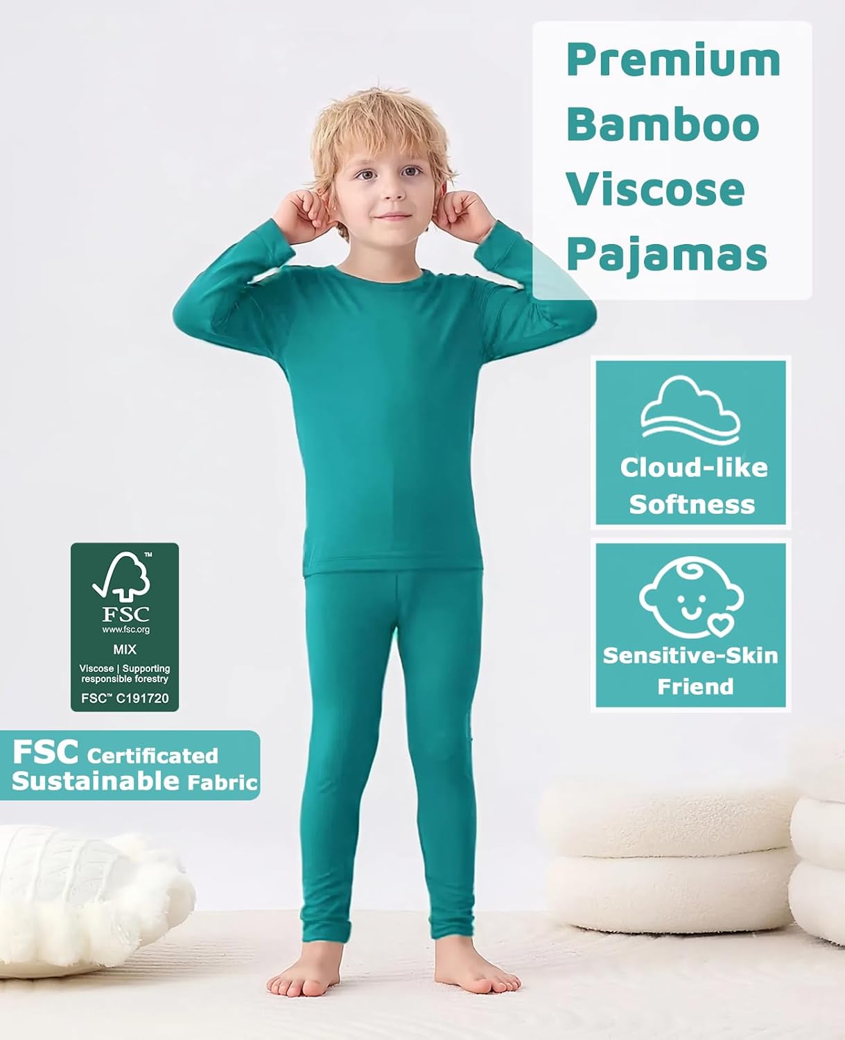 JunNeng Bamboo Viscose Pajamas for Toddler Baby, Boys Girls Solid Snug Fit Pajamas Long Sleeve Sleeper