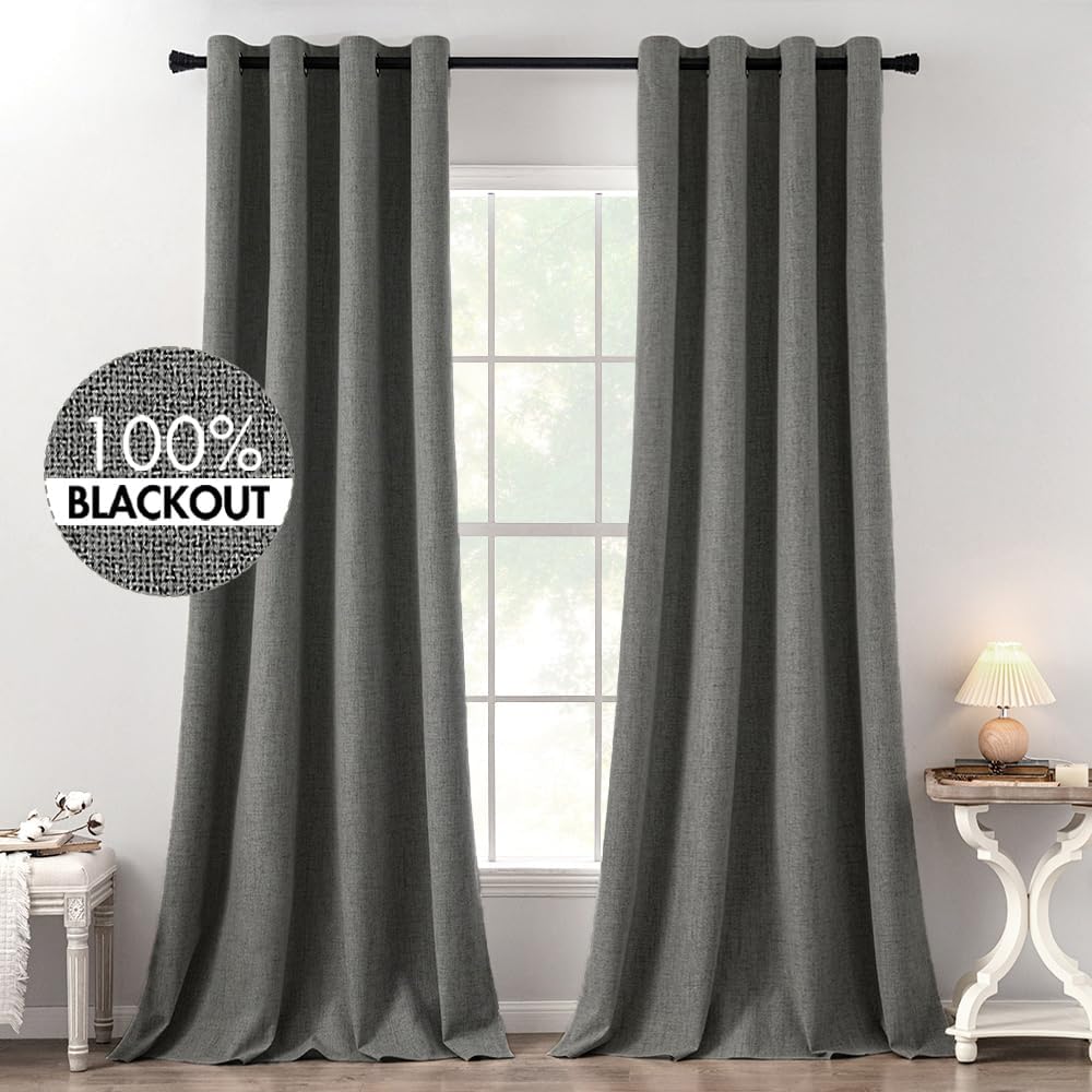 MIULEE Linen Texture Curtains for Bedroom Solid 100% Blackout Thermal Insulated Dark Grey Curtains Grommet Room Darkening Curtains/Draperies Luxury Decor for Living Room Nursery 52x120 Inch (2 Panels)