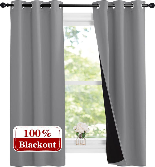 NICETOWN Noise and Lights Block Out Curtains, Thermal Insulated 100% Blackout 2-Layer Lined Drapes, Noise Cancellation Window Draperies for Dining Room (Silver Grey, 2 Panels, 37-inch W by 63-inch L)