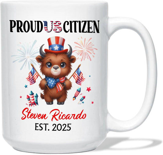 Proud Us Citizen White Coffee Mug Gift For Brother Sister Dad Mom, Personalized Statue of Liberty White Mug, Citizenship Celebration Travel Cup, Custom Year & Name Us Citizenship Coffee Cup 11Oz 15Oz