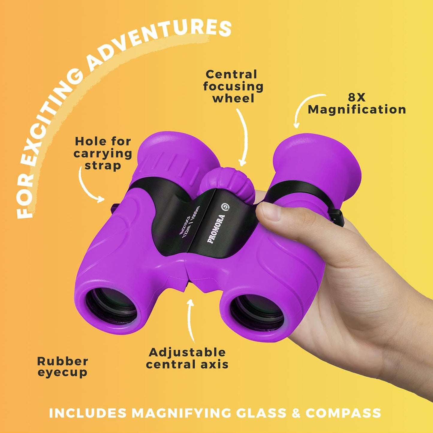 Promora Binoculars for Kids, Set with Magnifying Glass & Compass Purple - Perfect Toy for Little Boys and Girls, Kids Binoculars for 3-12 Years Boys and Girls Present for Toddler